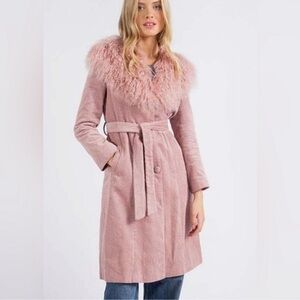 CHARLOTTE SIMONE Pink Corduroy Faux Fur Trim Coat — Size M RARE